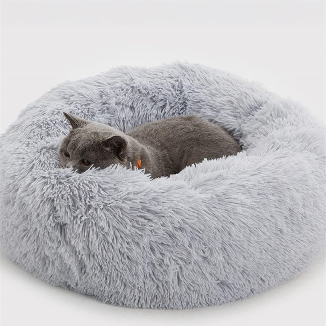 faux fur donut cat bed grey